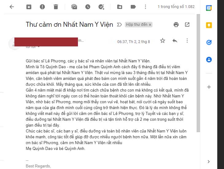 Email của chị Tô Quỳnh Dao gửi Nhất Nam Y Viện