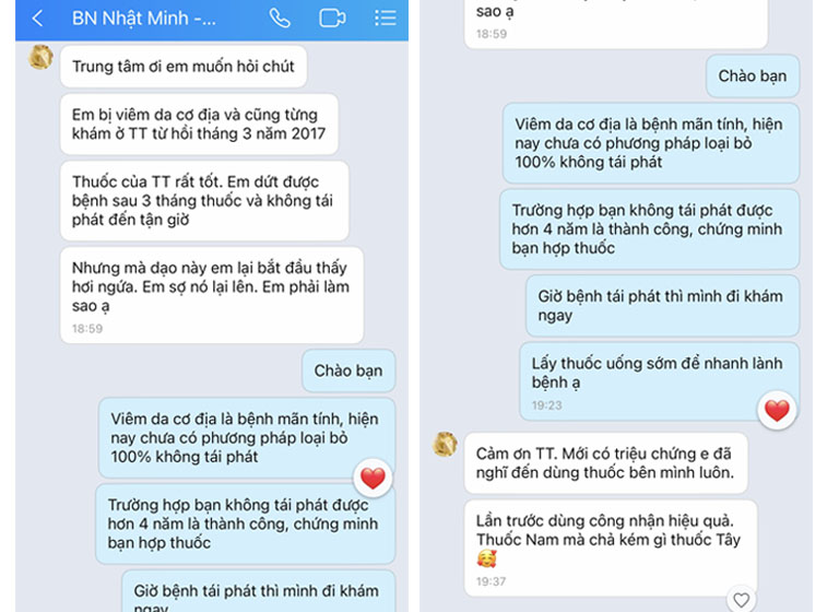 Bạn Nhật Minh gửi tin nhắn trao đổi với Trung tâm về hiệu quả bài thuốc Thanh bì Dưỡng can thang