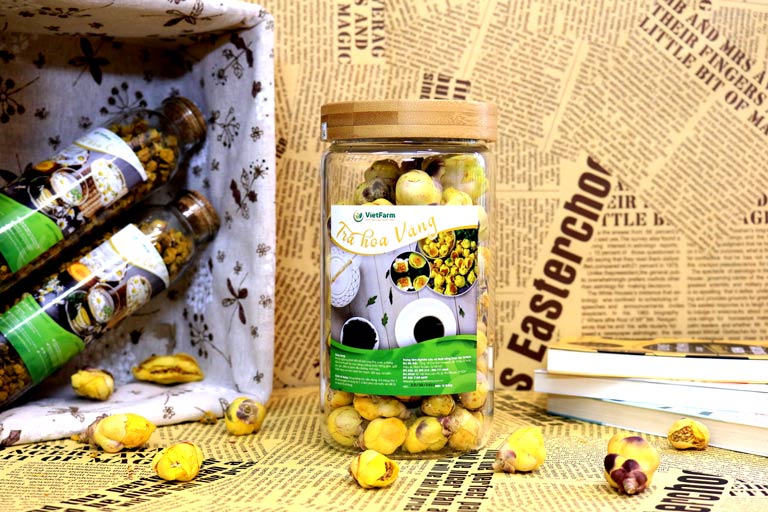 Trà hoa vàng Vietfarm với hộp đựng sang trọng, đảm bảo vệ sinh an toàn thực phẩm