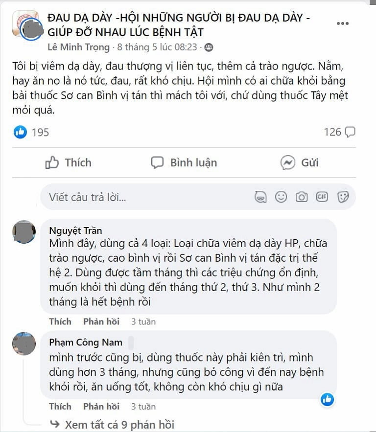 Người dùng thảo luận về Sơ can Bình vị tán trên facebook